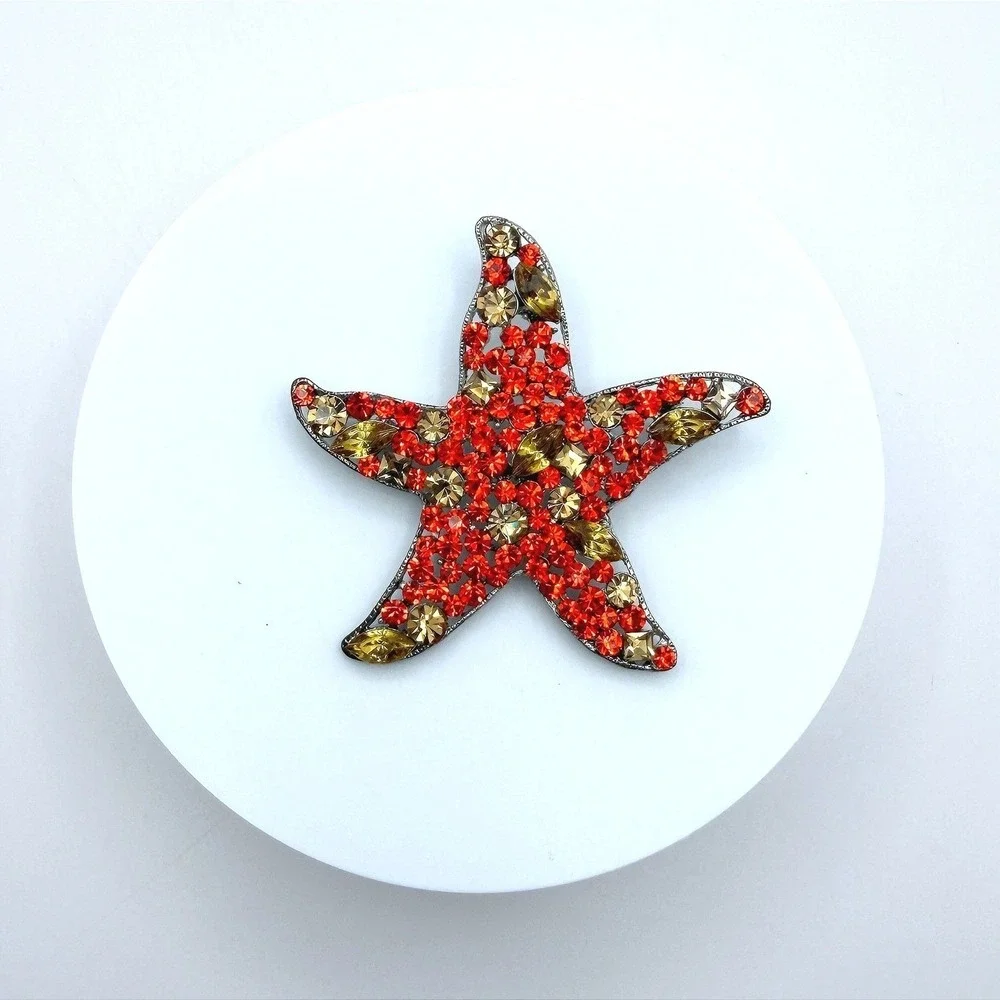 Vintage Red Yellow Rhinestones Silver-Tone‎ Aluminium Starfish-Shaped Brooch Pin